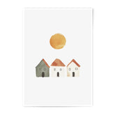 Watercolor House Photographic Print, Minimalist Art Print, Tiny Houses Art, Nursery Art Print, Watercolor Sun Print, Kids Room Decor - Tawshia